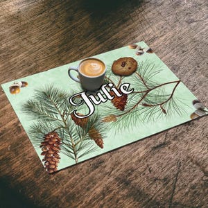 Country Farmhouse Decor Log Cabin Personalized Placemat, Pine Trees, Gift For Him, Custom Name RV Camping Green Placemat, New Home Gift