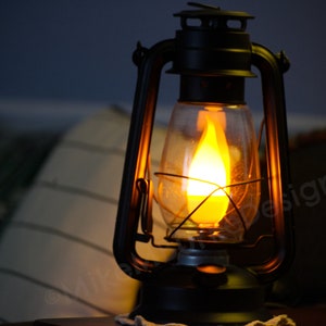 Electric Lantern Table Lamp FLAT BLACK 12 Electric Hurricane Lantern, On-Off Switch, Handmade Rustic Lantern Lamp Flame Effect LED