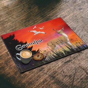 Rustic Sunset Deer Personalized Log Cabin Placemat, Country Gift For Him, Farmhouse Custom Name RV Camping Picnic, Camper Gift For Her