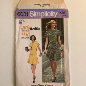 May include: Simplicity sewing pattern envelope, size 12, featuring illustrations of two dresses. The envelope includes the text "Jiffy Knits" and "Bust 34". The pattern is designed for stretch knit fabrics.