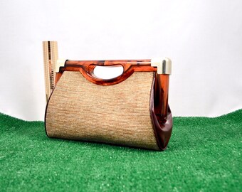 tortoise shell clutch / vintage clutch / carpet bag / carpet clutch / top handle / small clutch / 70s clutch / beige