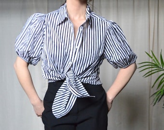stripe puff sleeve blouse / black white stripes / large / boxy / puff sleeve / short sleeve blouse / cotton puff sleeve / striped blouse