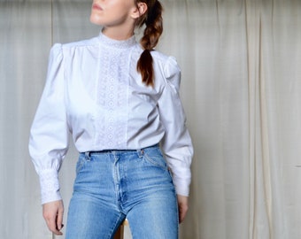eyelet puff sleeve blouse / high neck top / white blouse / button back / big sleeve top / white cotton blouse / lace front blouse / small