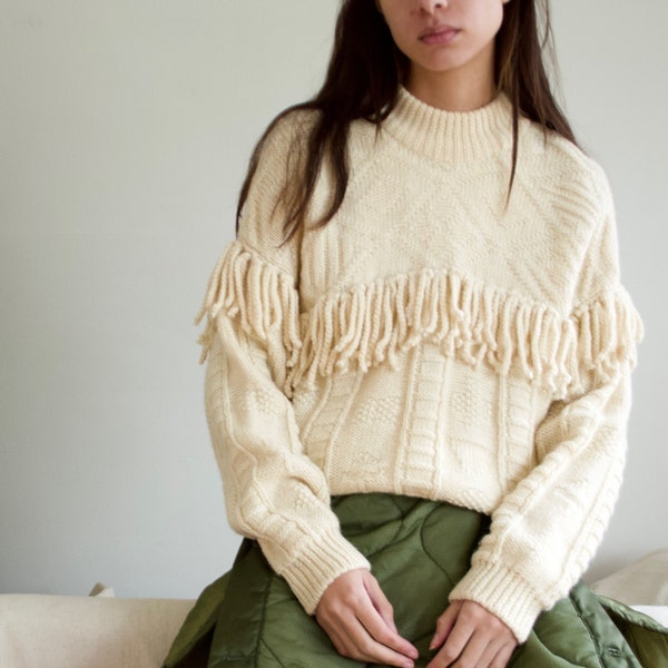 gil aimbez wool fringed mockneck pullover sweater