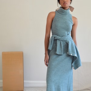 sage green ribbed knit 70s maxi dress with matching cardigan image 1