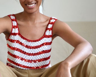 sequined white and red striped tank