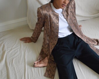 satin snake print collarless long panel blazer