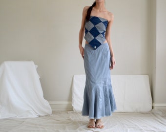 cornflower blue long denim twill panel fishtail skirt / 34w