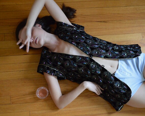 emanuel ungaro velvet embroidered long line vest /