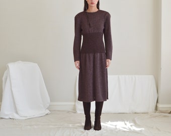 speckled knit brown and purple crewneck midi sweater dress with puff sleeves ribbed waistline