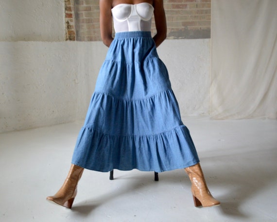 denim tiered circle skirt / ankle length skirt