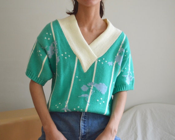 cotton vneck short sleeve 80s sweater