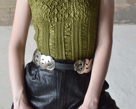 silver swirl and grey leather waist cinch belt