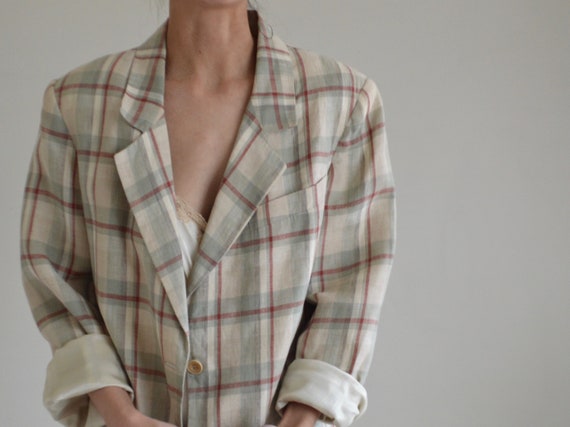 plaid linen long line oversized blazer jacket / j… - image 4