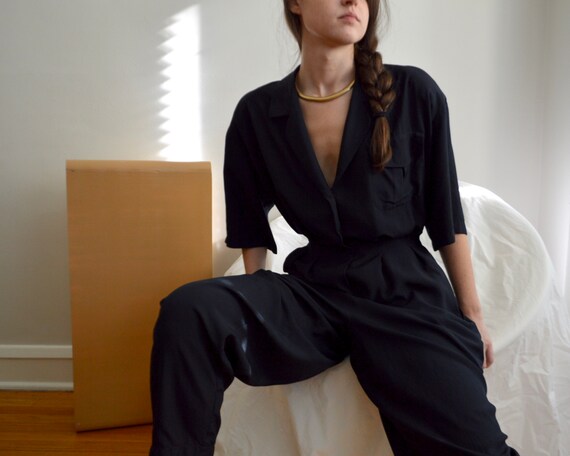 donna karan silk utility pleat navy blue jumpsuit