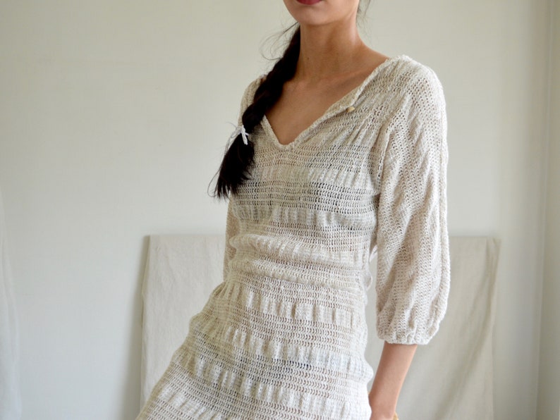natural cotton nubby blend knit sheer crochet naked dress image 7