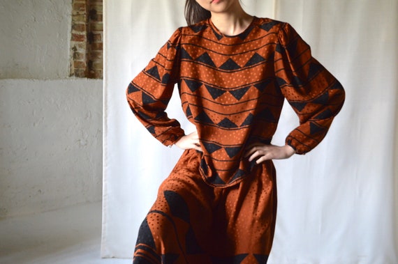 silk rust puff sleeve midi skirt set