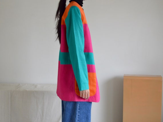 linen colorblock collarless long line blazer - image 3