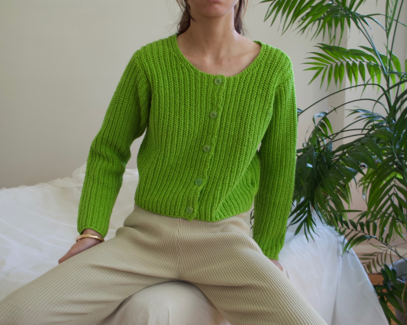 Cropped chunky knit lime green cardigan Etsy