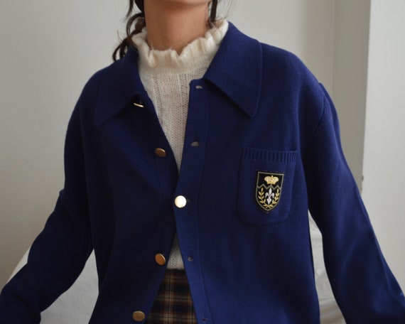 navy wool knit collared emblem boxy sweater jacket