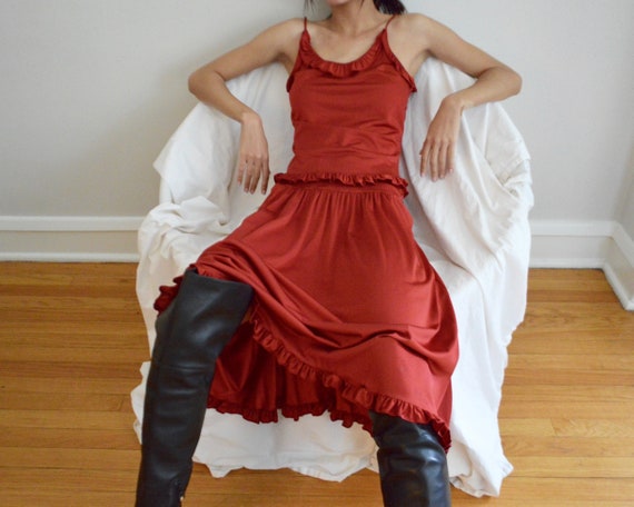 ruffled 70s slip top and skirt set