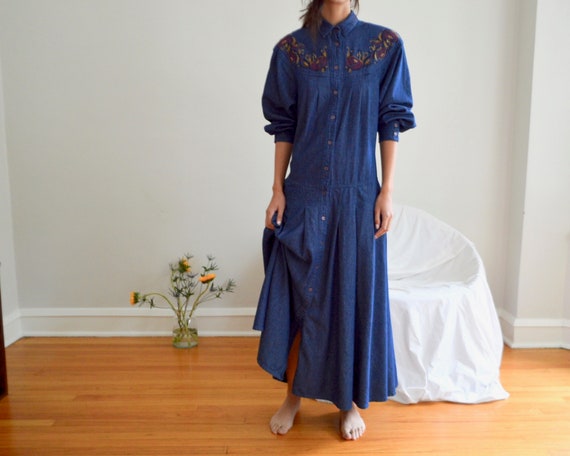 embroidered denim shirtwaist ankle length dress