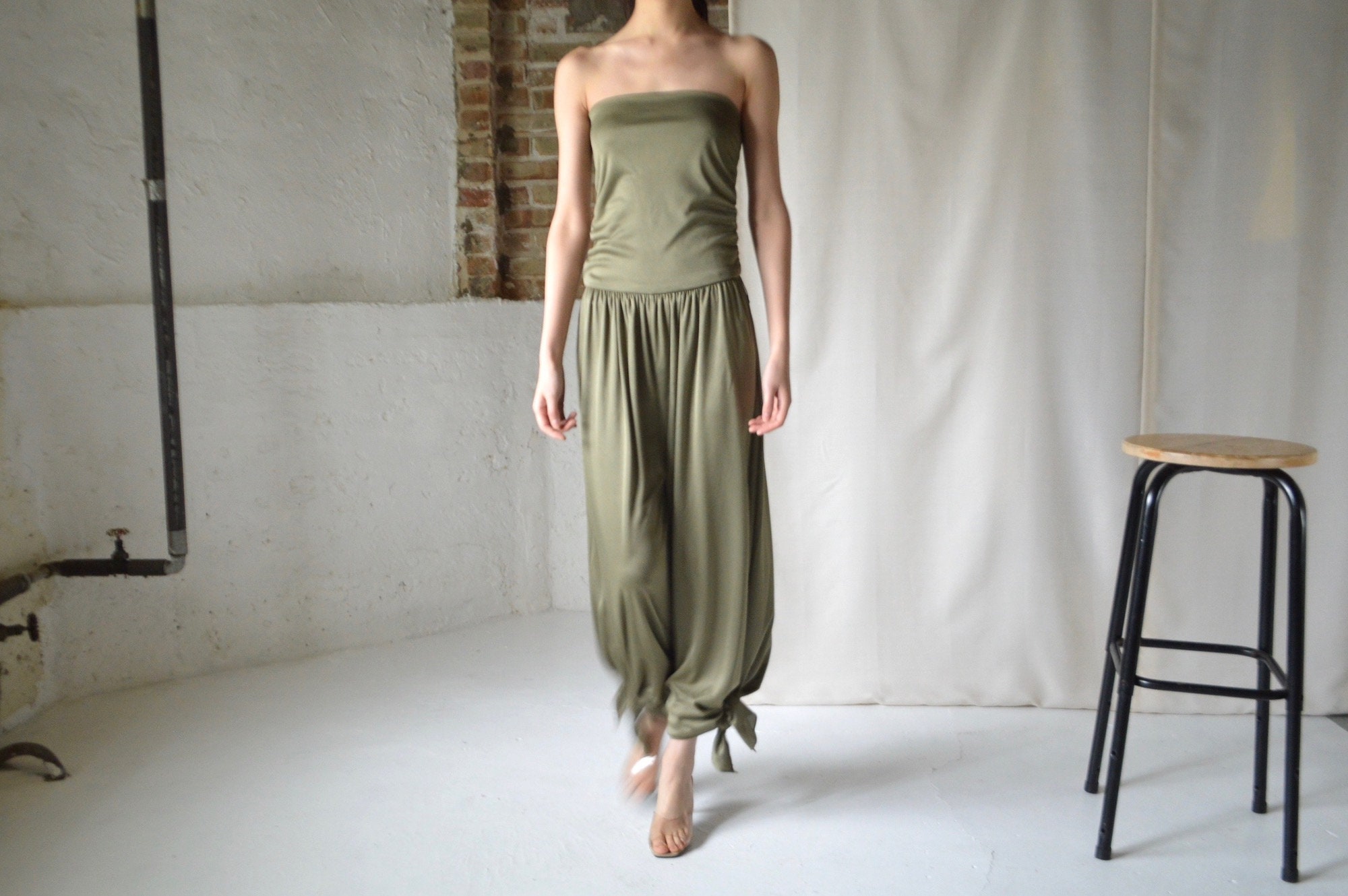 strapless split leg jumpsuit