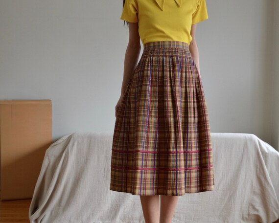 german cotton pleated plaid midi skirt with ruche… - image 5