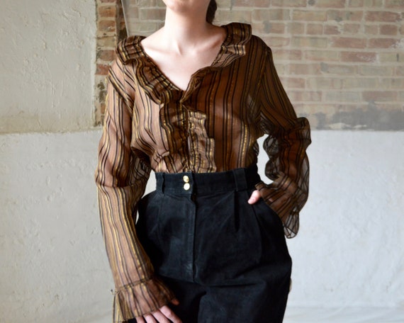 sheer organza ruffle blouse with gold stripe