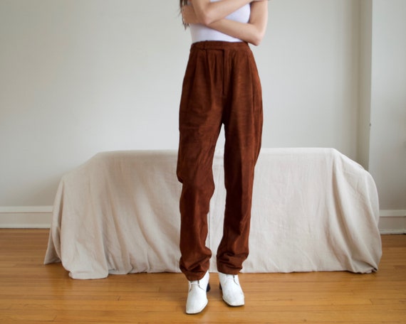 Waist Suede Leather Pleated Pants 
