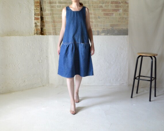 denim dropwaist jumper dress with pockets