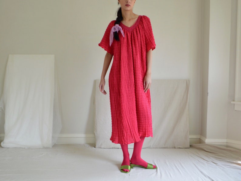 hot pink crinkle pleat smock dress with crochet neckline image 1
