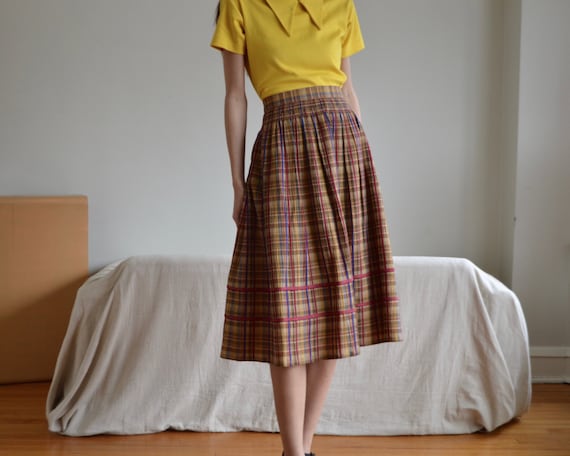 german cotton pleated plaid midi skirt with ruche… - image 2