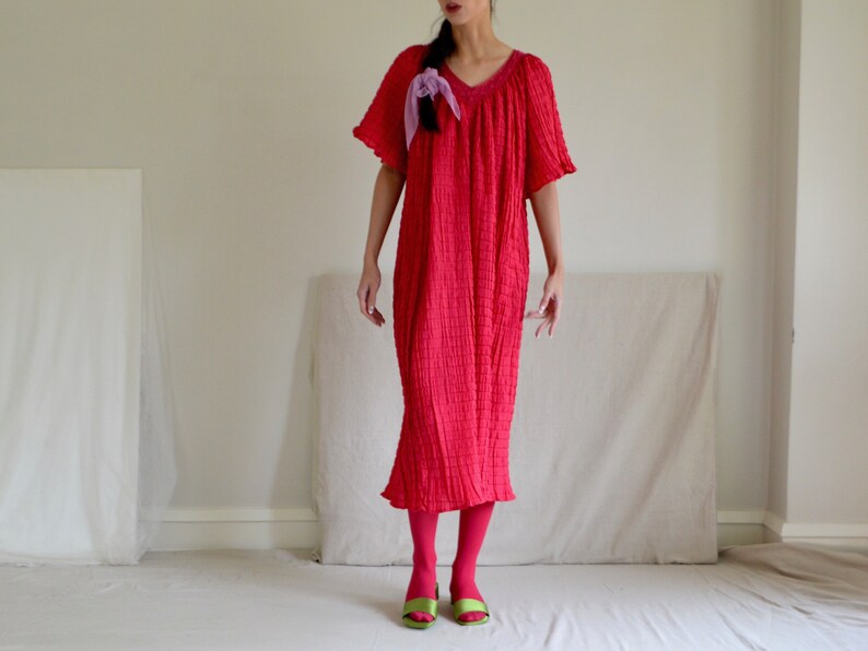 hot pink crinkle pleat smock dress with crochet neckline image 6