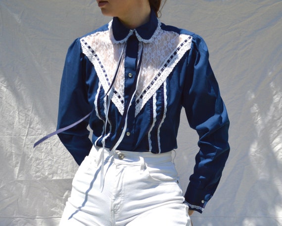 puff sleeve western snap front blouse with lace in