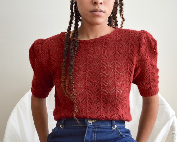pointelle knit angora blend puff sleeve short slee