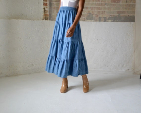denim tiered circle skirt / ankle length skirt