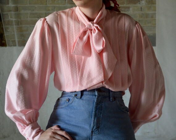 pink silk ascot pleat blouse / puff sleeve