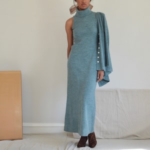 sage green ribbed knit 70s maxi dress with matching cardigan image 4