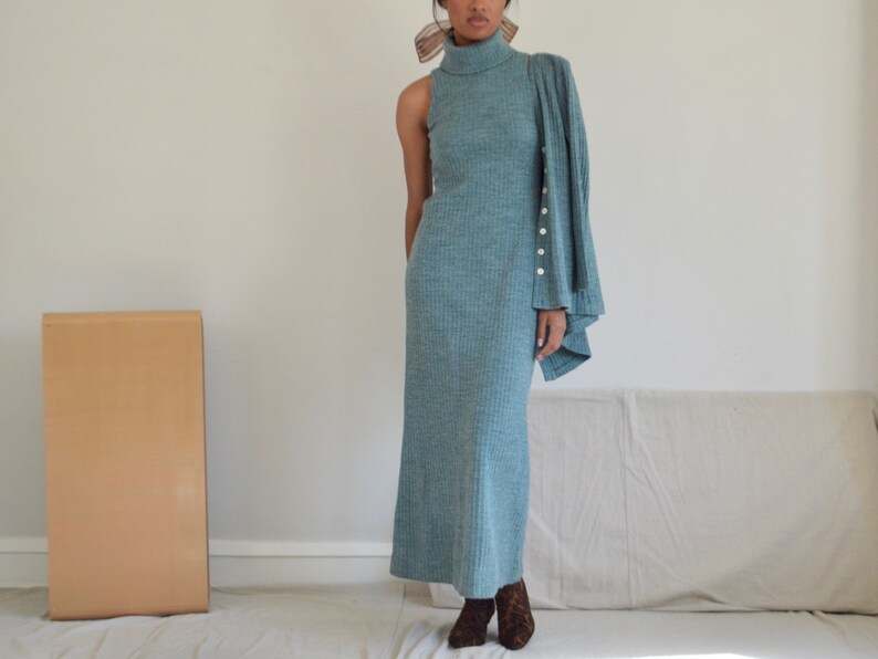 sage green ribbed knit 70s maxi dress with matching cardigan image 4