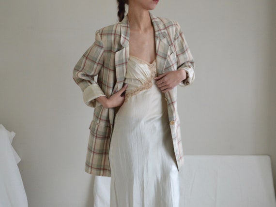 plaid linen long line oversized blazer jacket / j… - image 5