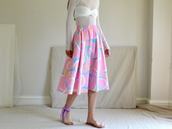 pale pink 80s full abstract midi skirt with pocke… - image 2