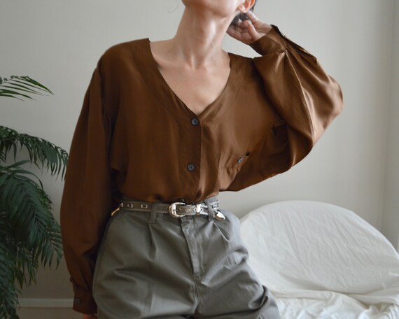 bishop sleeve silk oversized button blouse / 2x