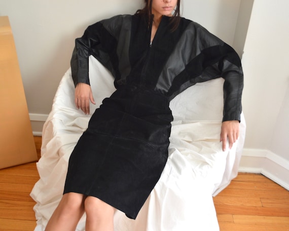 black suede dolman sleeve mid length dress