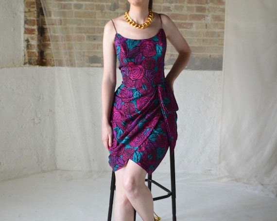 silk draped 80s spaghetti strap rose print dress