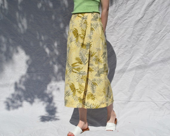 yellow silk palm print wrap midi skirt