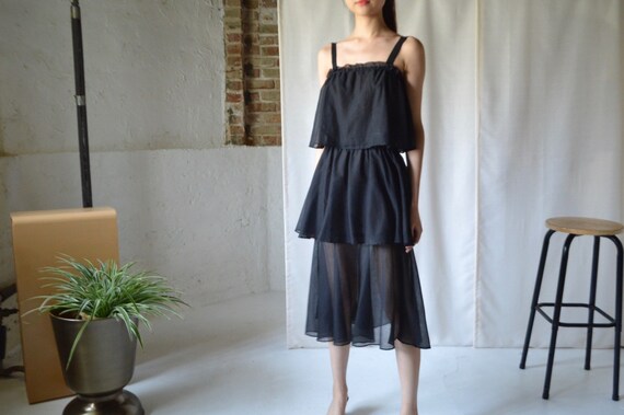 ruffled tiered sheer black spaghetti strap dress