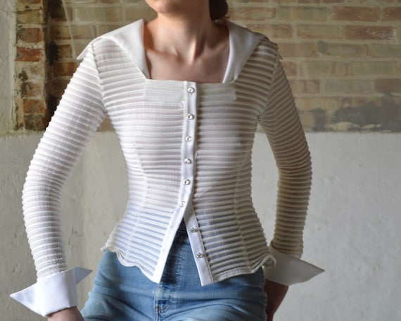 white ribbed sheer mesh button blouse with square