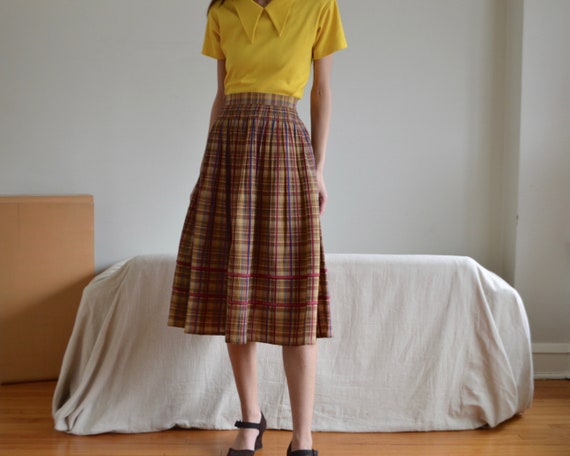 german cotton pleated plaid midi skirt with ruche… - image 4