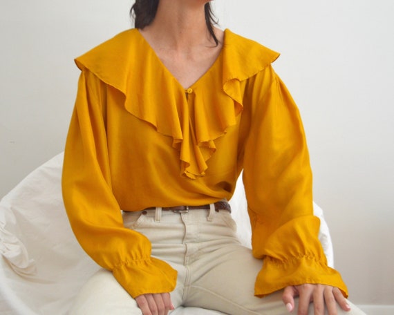marigold silk ruffle ballow sleeve blouse